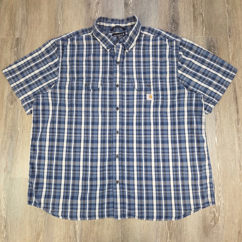 Carhartt Mens 2XL Loose Fit Plaid Short Sleeve Button Down Shirt Blue TW4625-M